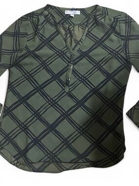 Banana Republic Abstract Plaid Riviera Olive Green and Black V-Neck Sheer Blouse